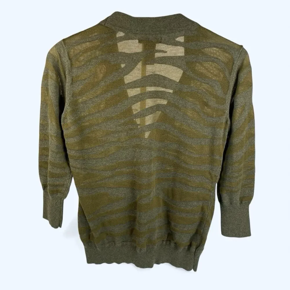 New York & Company V Neck Cardigan Animal Print Pattern Green Small 3/4 sleeve